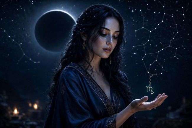 femeie frumoasa cu luna intunecata pe cer care are in mana simbolul zodiei fecioara