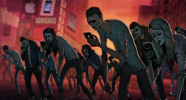 Oameni care arată ca niște zombi cu telefoanele în mână