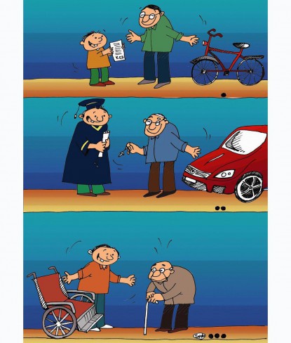 Un tată care oferă copilului o biciletă și o mașină și copilul care oferă tatălui un cărucior