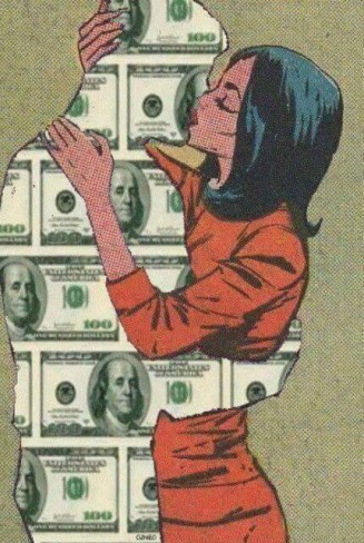 Femeie care se sărută cu un om făcut din bani 