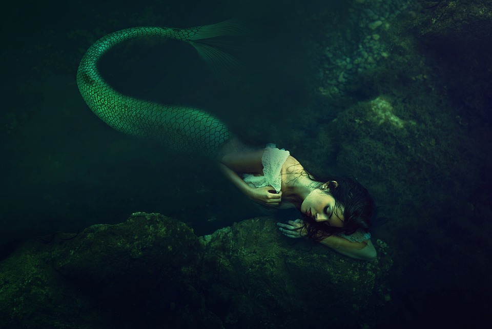 o sirena cu coada verde care sta pe tarm