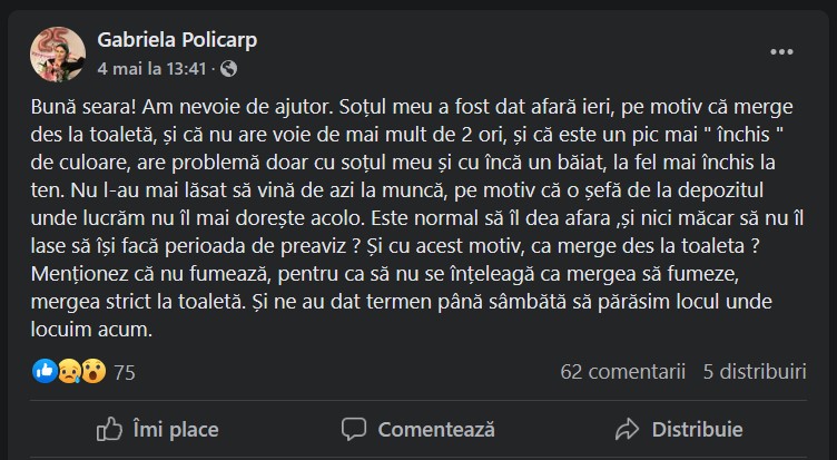 Postarea unei femei pe grupul de Facebook „Avocatul online” despre întâmplarea soțului său