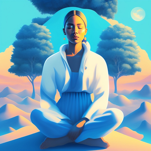 Portretul desenat al unei femei care meditează profund cu ochii închiși în poziția yoga lotus