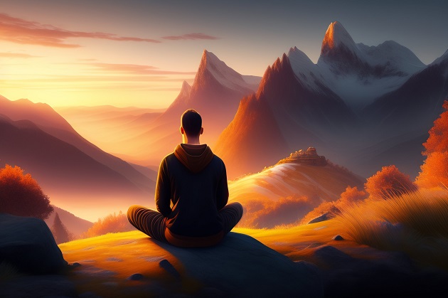 Bărbat meditând în fața unui peisaj muntos 