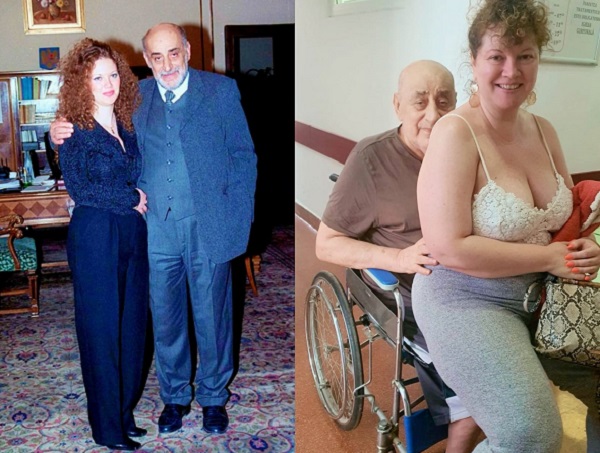 colaj foto oana si viorel lis in tinerețe și acum cand el este in scaun cu rotile si o tine in brate