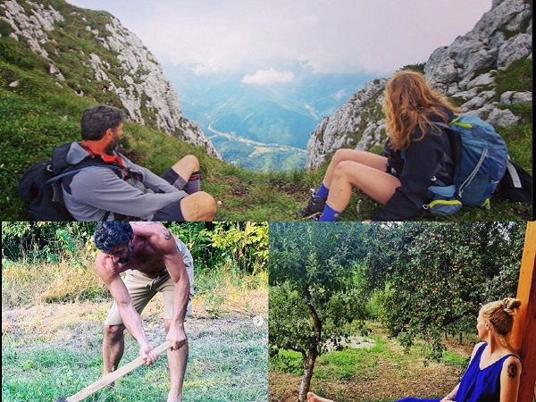 colaj de poze cu dragos bucur muncind pamantul dana nalbaru privind livada de pe veranda si cuplul la munte