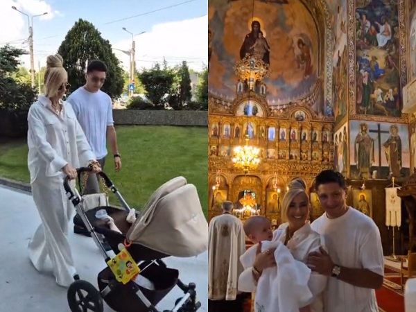 colaj de fotografii cu anamaria prodan si iubitul ei la biserica cu finul si ducand caruciorul imbracati in alb