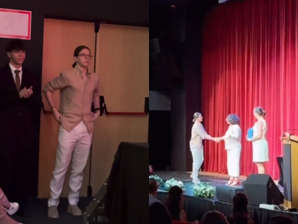 colaj de fotografii de la ceremonia de absolvire a fiului anei maria prodan pe scena cu profesoarele