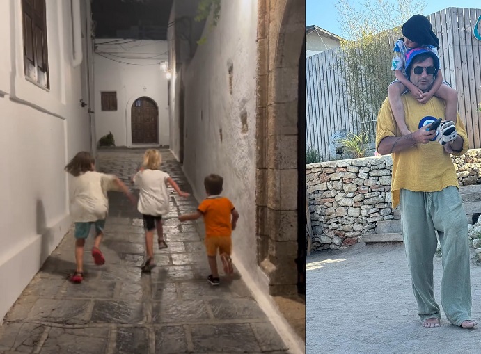 colaj fotografii radu valcan cu un baiat in carca si cei trei copii care fug pe strada in grecia