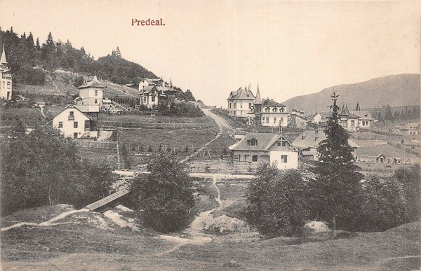vedere veche predeal cu case aflate pe munte si paduri de brazi