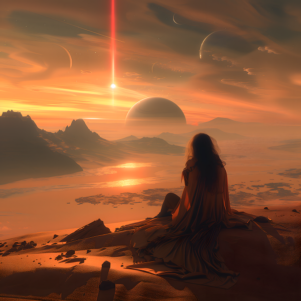 imagine fantasy cu o femeie care se uita la un rasarit cu planeta uranus in prim plan