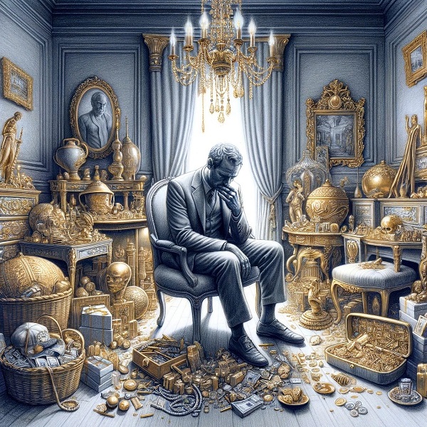 imagine fantasy cu un barbat inconjurat de bogatii care sta pe scaun trist