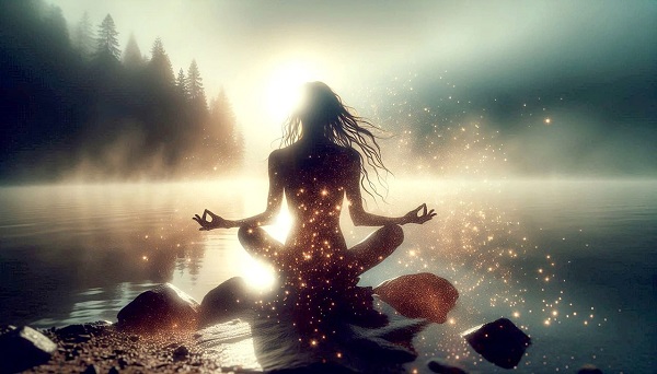 imagine fantasy cu o femeie care mediteaza in fata unei ape asezata pe pietre