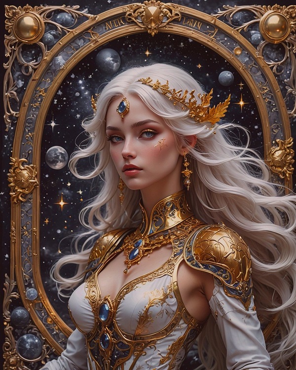 imagine fantasy cu o femeie tanara cu par alb in armura aurie