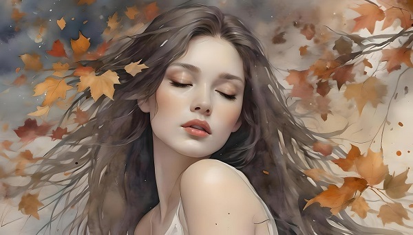 imagine fantasy cu femeie intre frunze de toamna