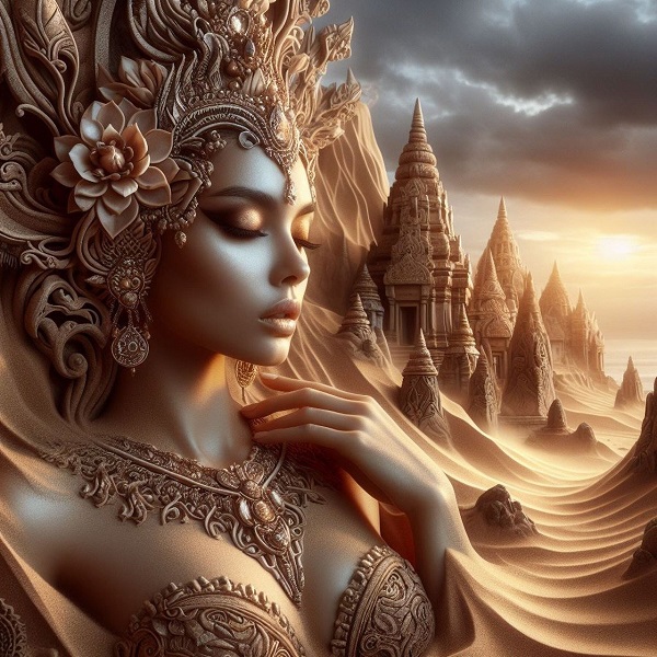 imagine fantasy cu o zeita pe fundal se vad castele de nisip si soare arzator in desert