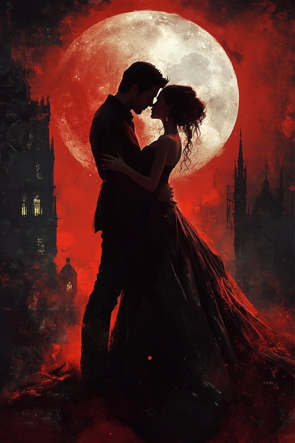 fotografie fantasy cu un cuplu care se imbratiseaza sub luna plina