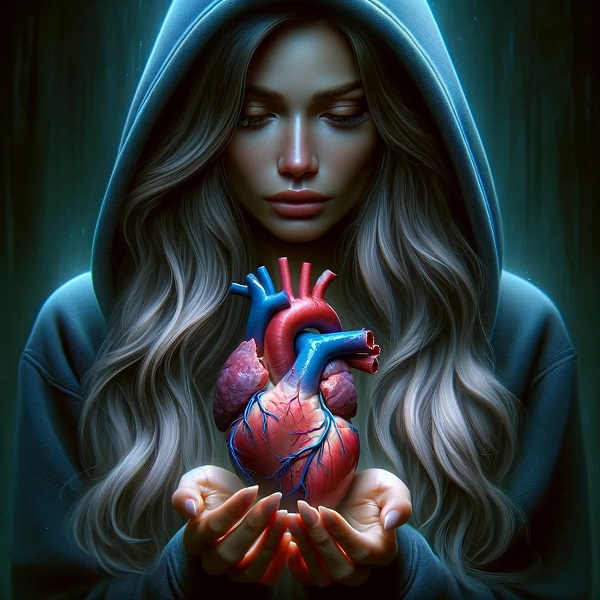 imagine fantasy cu o femeie cu gluga pe cap care tine in mana o inima