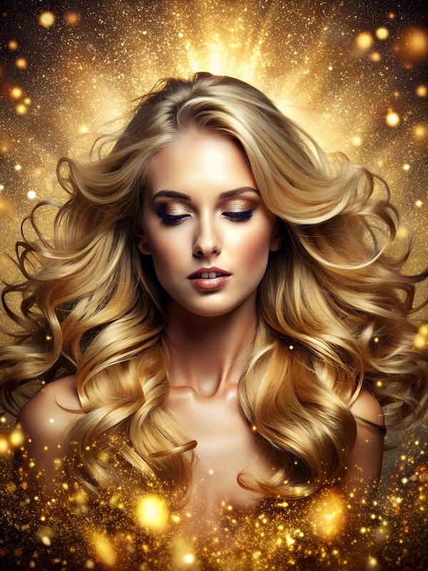 imagine fanasy cu o femeie blonda inconjurata de o lumina aurie si particule de aur