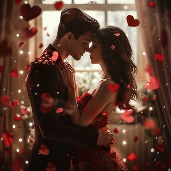 imagine fantasy cu un cuplu inconjurat de petale de trandafiri si de inimioare in cadru romantic
