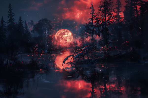 imagine fantasy cu un scorpion la un lac sub luna plina