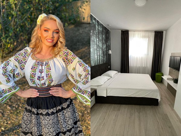 cantareata maria constantin in costum popular si o poza cu o camera din pensunea ei