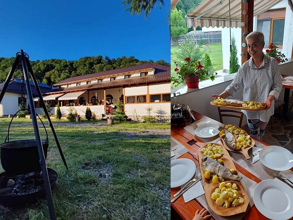monica anghel cu un platou de peste si cartofi colaj foto cu pensiunea pe care oadministreaza