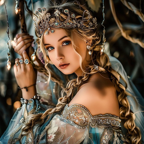 imagine fantasy cu o femeie cu par lung blond si rochie diafana cu o coroana pe cap