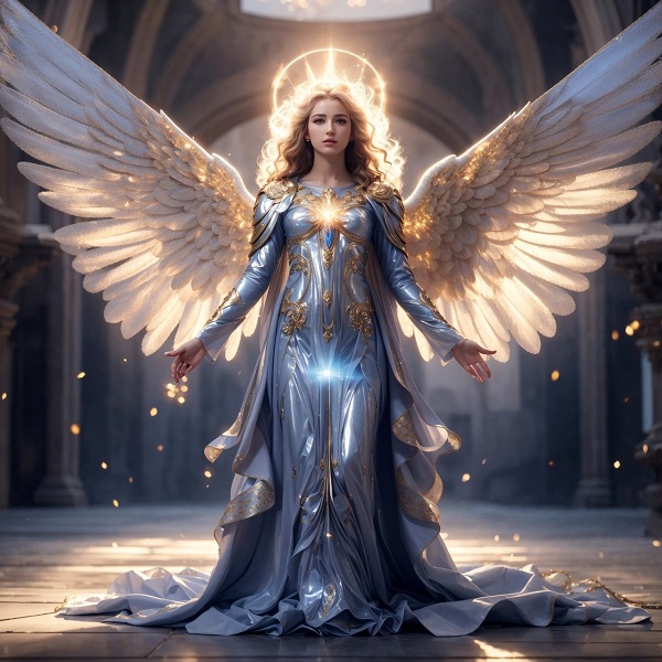 imagine fantasy cu un inger diafan cu bratele si aripile deschse