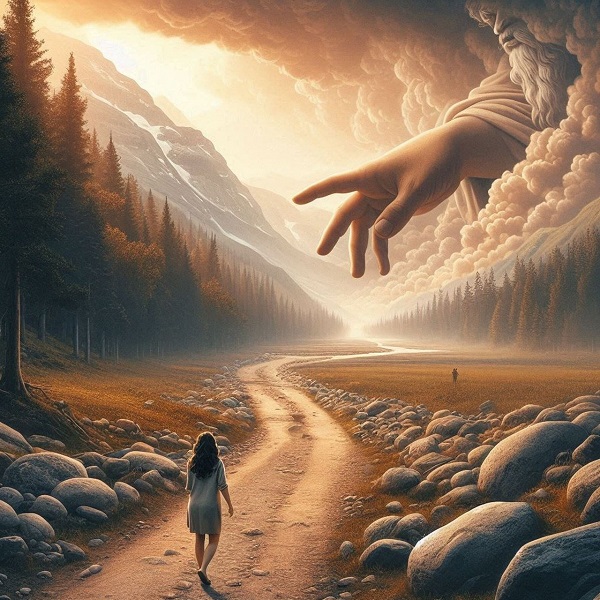 imagine fantasy cu o femeie care merge pe drum si o mana divina este intinsa din cer