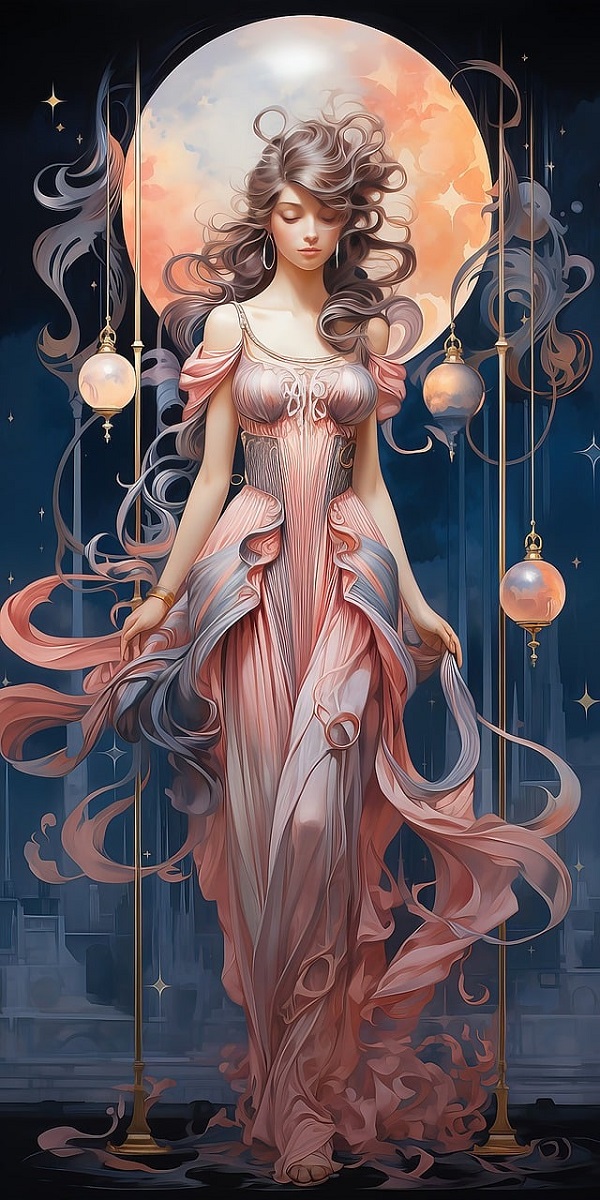 imagine fantasy cu o femeie imbracata in roz in spate luna plina