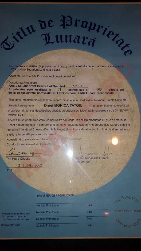 certificat cu parcela pe luna primita de la silviu prigoana de monica tatoiu