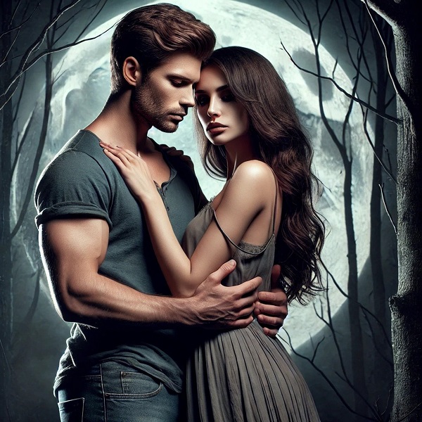 imagine fantasy cu un cuplu format din femeie si barbat imbratisati sub clar de luna plina