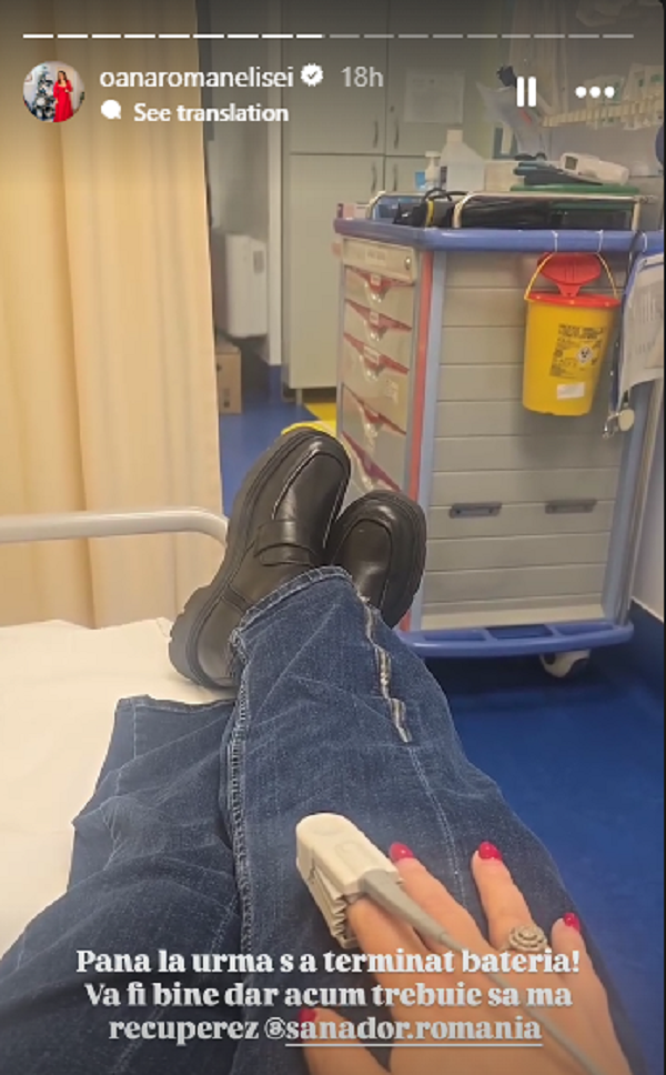 oana roman intinsa pe patul de spital cu perfuzie la mana