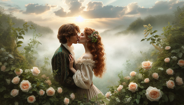 imagine fantasy a unui cuplu care se imbratiseaza pe un camp de flori albe