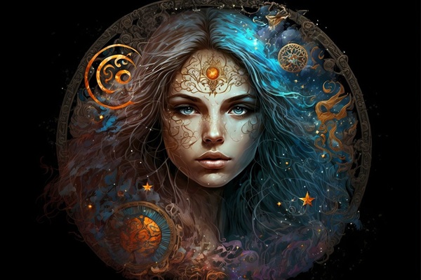 reprezentare fantasy a unei femei inconjurata de semne ezoterice