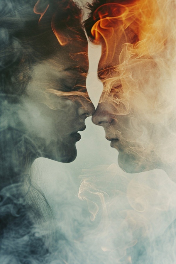 imagine fantasy cu un barbat si o femeie care isi ating buzele pe fundal de foc