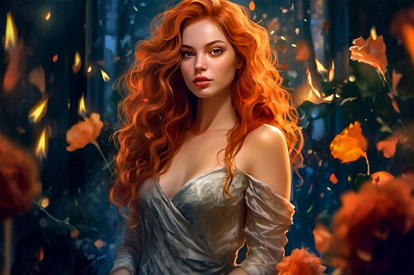 imagine fantasy cu o femeie roscata cu parul lung inconjurata de flori