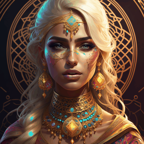 imagine fantasy cu o femeie blonda cu nuante aurii si semne ezoterice