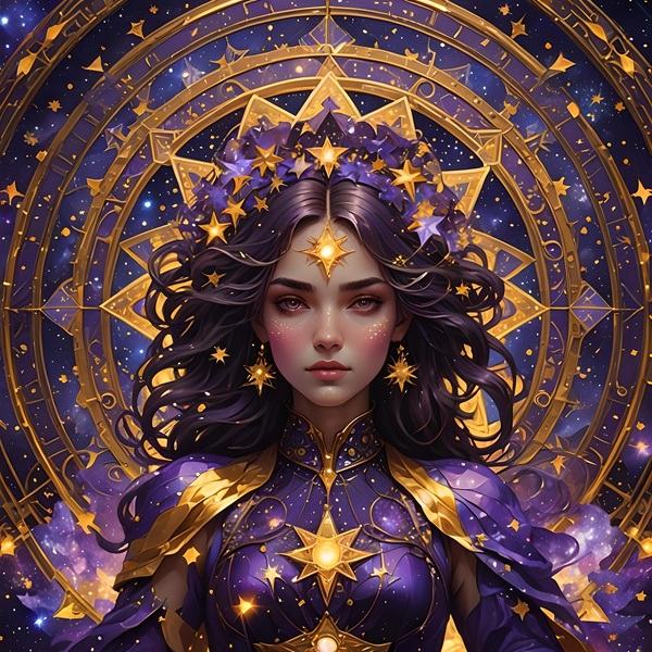 imagine fantasy cu o femeie creata cu stele si semne ezoterice pe ea imbracata in violet