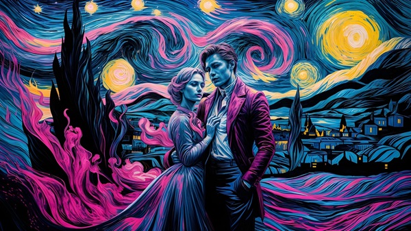 barbat si femeie stau unul langa altul intr un decor fantasy misterios