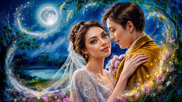 femeie cu trasaturi finute si o marama alba prinsa in par isi tine de umeri partenerul sub clar de luna