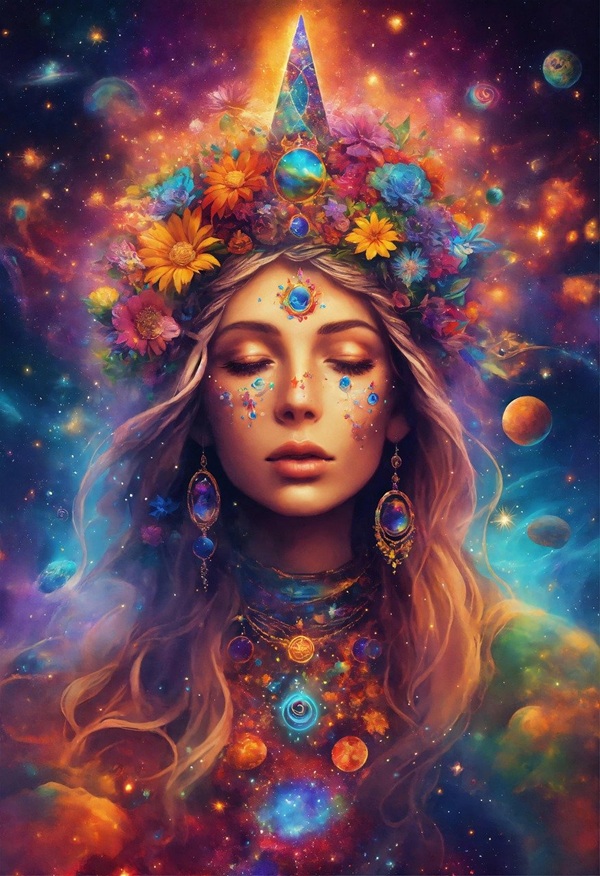 reprezentare fantasy a unei femei blonda cu parul lung cu diferite bijuterii 