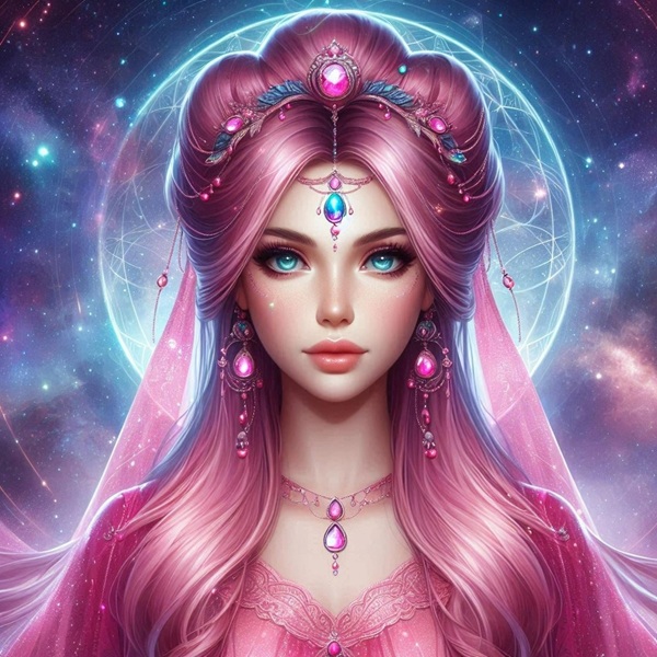reprezentare fantasy a unei femei cu parul roz si lung