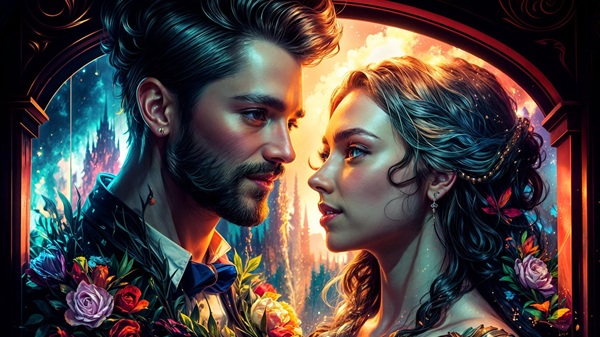 imagine fantasy cu un cuplu format din barbat si femeie satena care se privesc in ochi