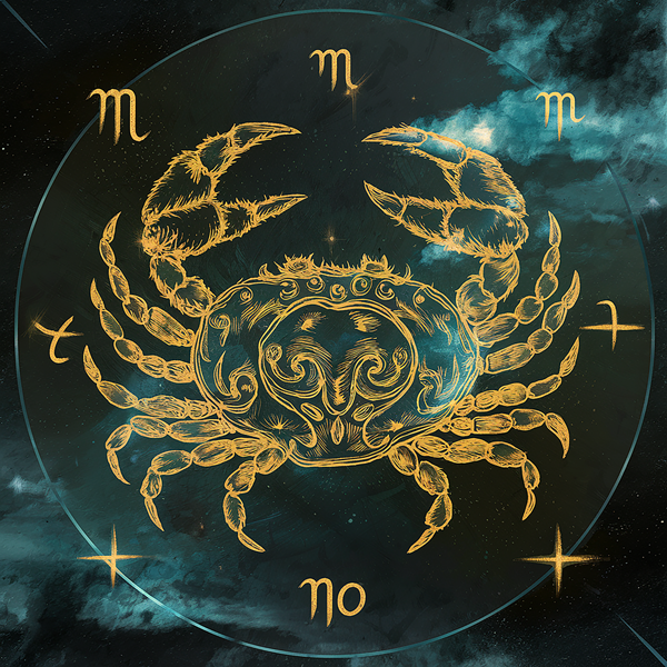 reprezentare grafica a zodiei rac cuun rac în miijlocul unui cerc inconjurati de semnele zodiacale