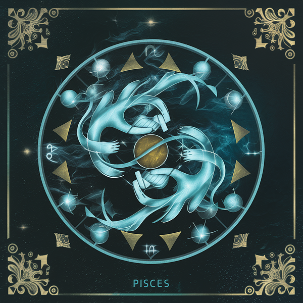reprezentare grafica a zodiei pesti cu doi pesti in mijlocul unui cerc inconjurati de semnele zodiacale