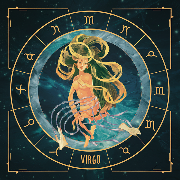 reprezentare grafica a zodiei fecioară cu o femeie blonda in mijlocul unui cerc inconjurati de semnele zodiacale