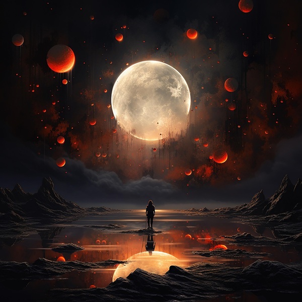 tablou cu o persoana care se uita la luna pe un taram fantastic
