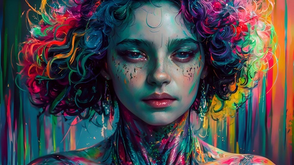 femeie cu parul scurt si cret desenata in culori foarte trista